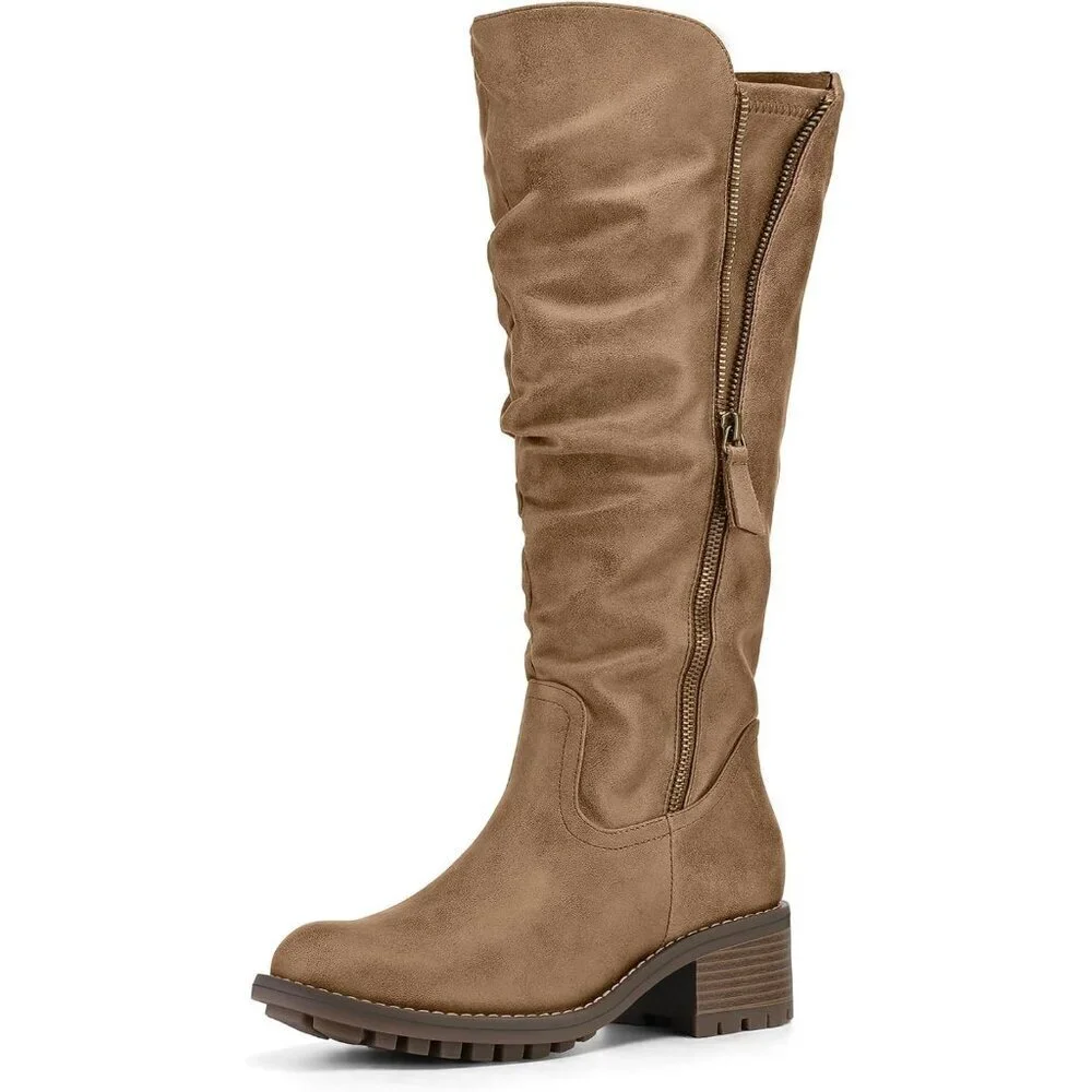 Women's Tan Mysoft Knee High Boots Chunky Heel Lug Sole Side Zipper 2 Inch